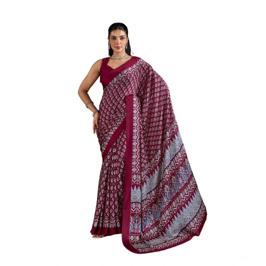 Amfyn Women's Satin Crepe Printed Saree With Unstitched Blouse 5.5Mtr (Maroon)