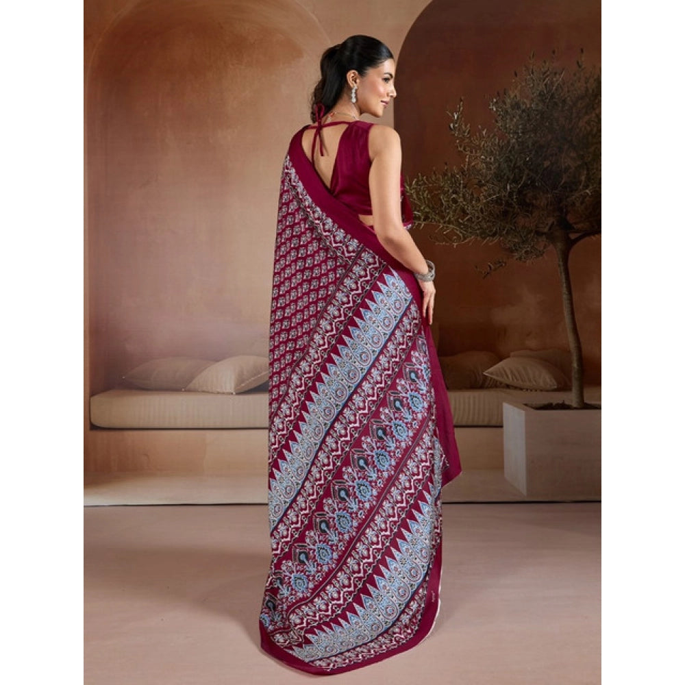 Amfyn Women's Satin Crepe Printed Saree With Unstitched Blouse 5.5Mtr (Maroon)