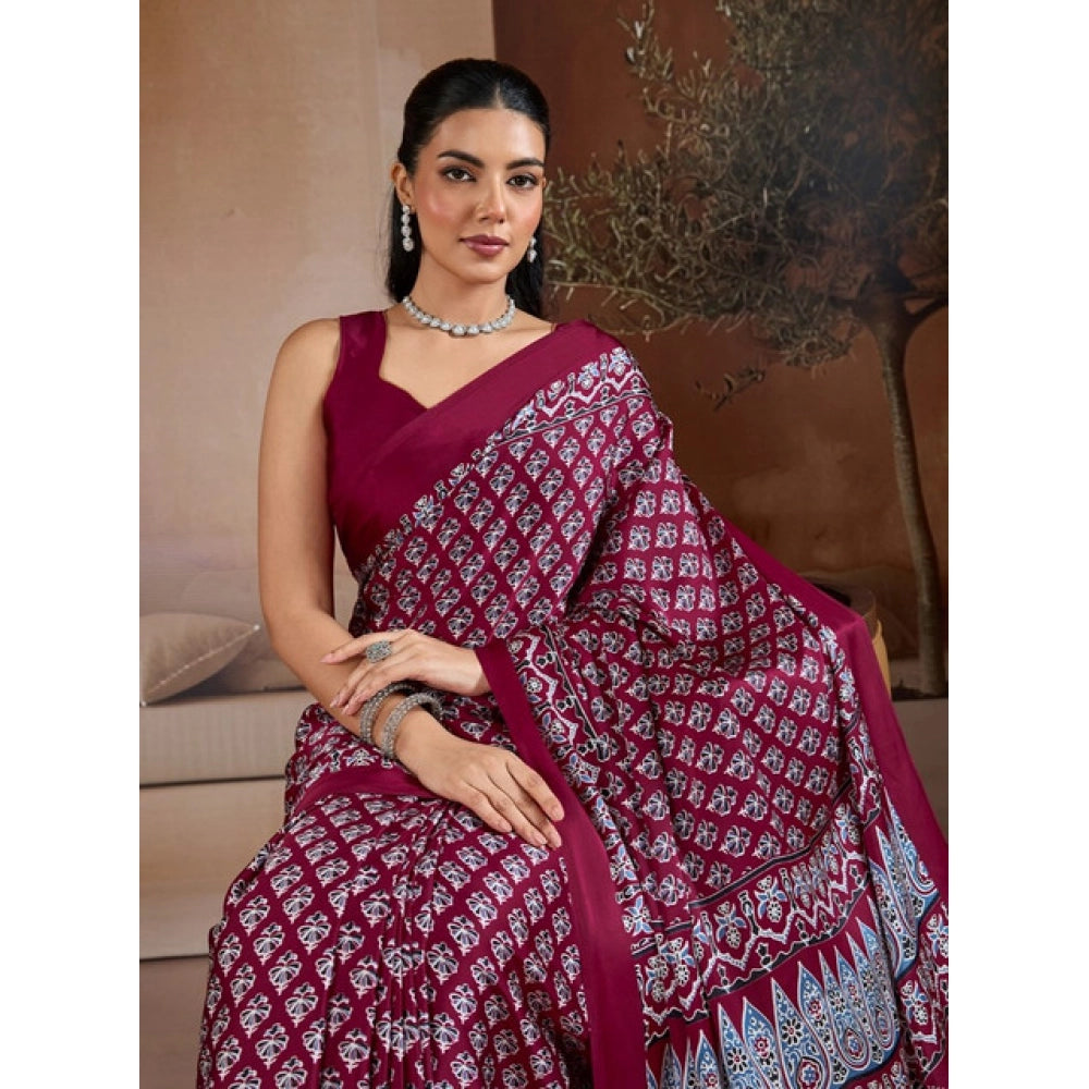 Amfyn Women's Satin Crepe Printed Saree With Unstitched Blouse 5.5Mtr (Maroon)