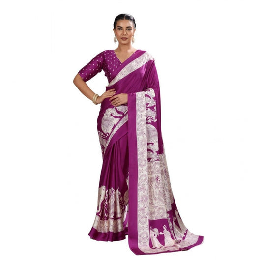 Amfyn Women's Satin Crepe Printed Saree With Unstitched Blouse 5.5Mtr (Purple)
