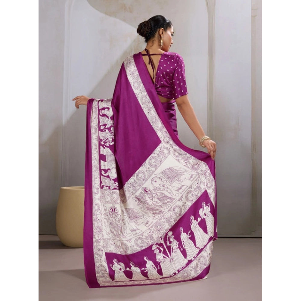 Amfyn Women's Satin Crepe Printed Saree With Unstitched Blouse 5.5Mtr (Purple)