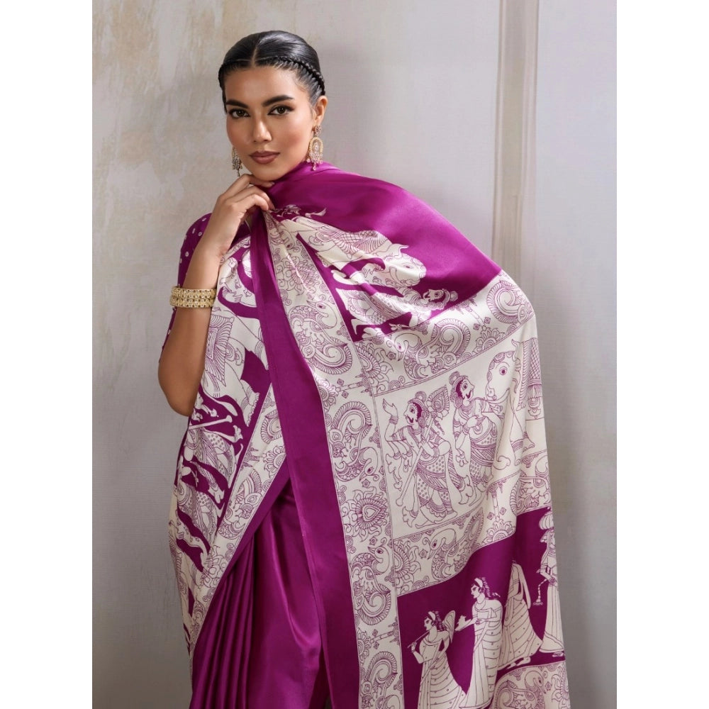 Amfyn Women's Satin Crepe Printed Saree With Unstitched Blouse 5.5Mtr (Purple)
