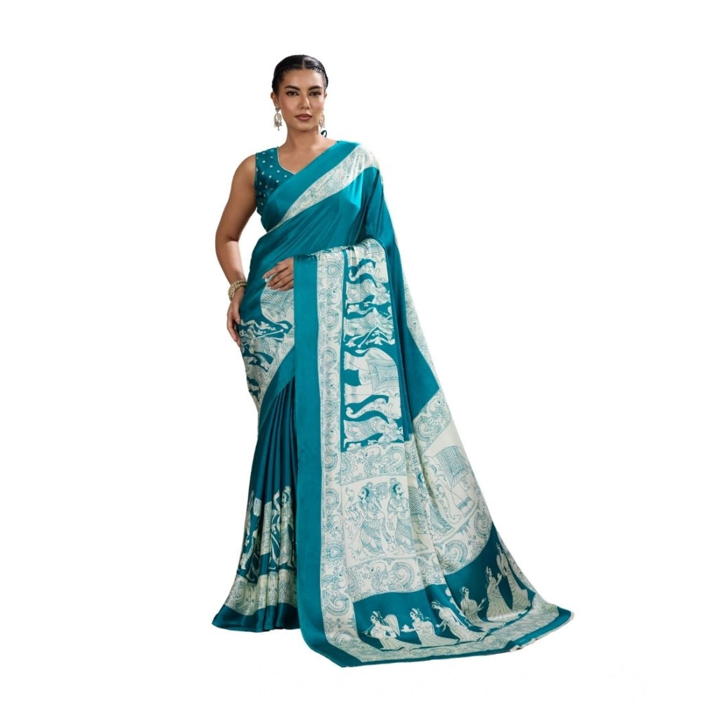 Amfyn Women's Satin Crepe Printed Saree With Unstitched Blouse 5.5Mtr (Sky Blue)