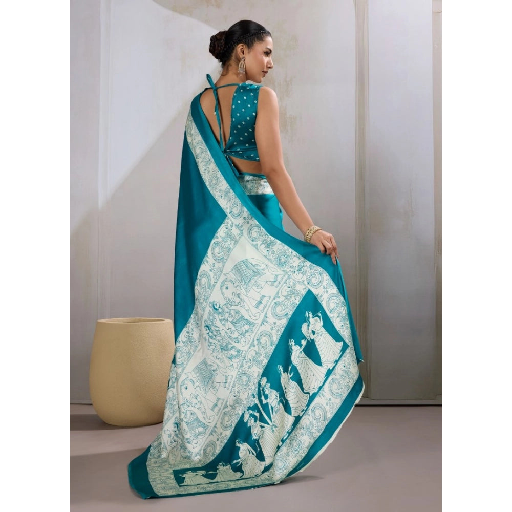 Amfyn Women's Satin Crepe Printed Saree With Unstitched Blouse 5.5Mtr (Sky Blue)