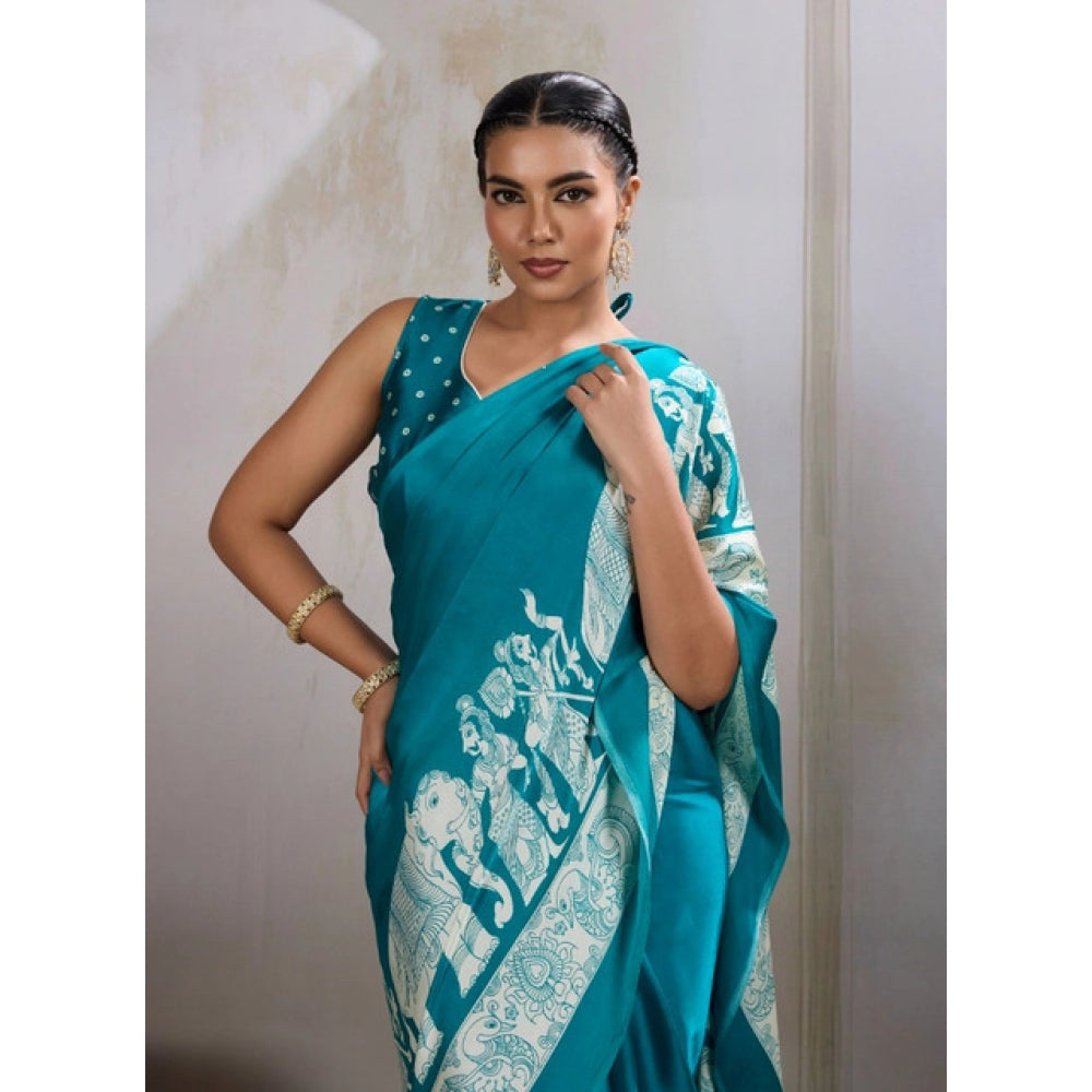 Amfyn Women's Satin Crepe Printed Saree With Unstitched Blouse 5.5Mtr (Sky Blue)