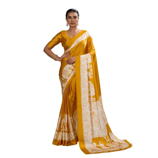 Amfyn Women's Satin Crepe Printed Saree With Unstitched Blouse 5.5Mtr (Mustard)