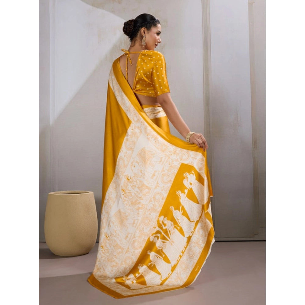Amfyn Women's Satin Crepe Printed Saree With Unstitched Blouse 5.5Mtr (Mustard)