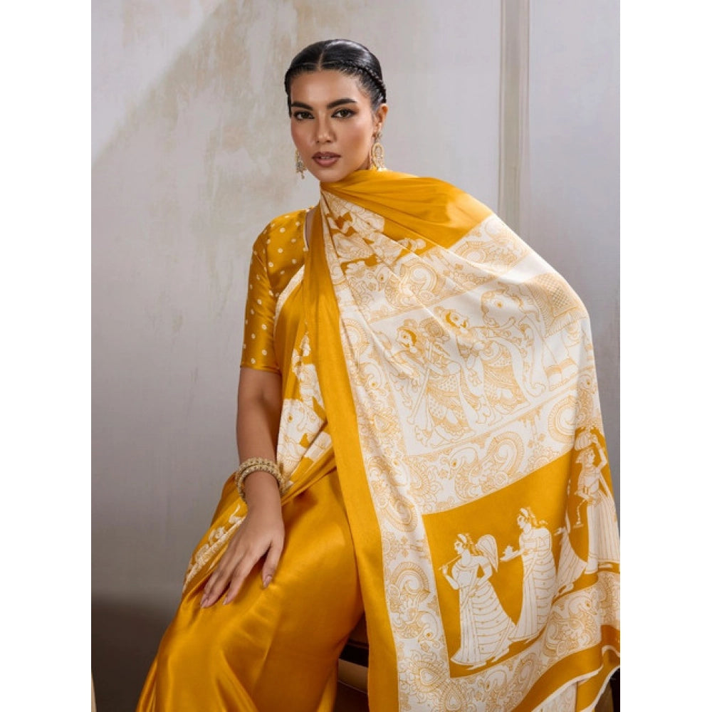 Amfyn Women's Satin Crepe Printed Saree With Unstitched Blouse 5.5Mtr (Mustard)