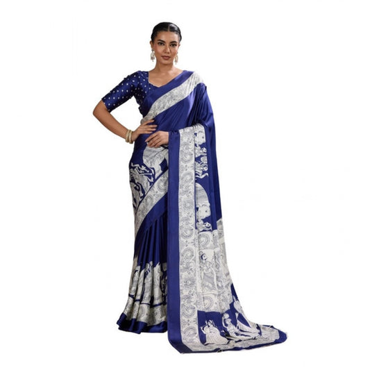 Amfyn Women's Satin Crepe Printed Saree With Unstitched Blouse 5.5Mtr (Blue)