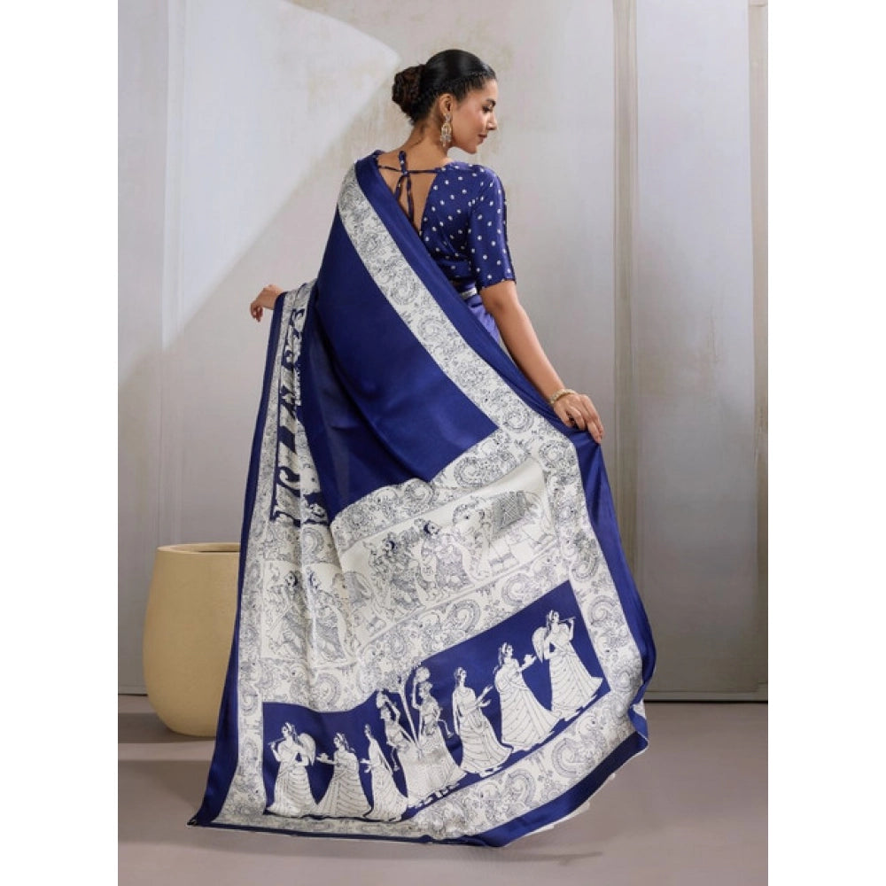 Amfyn Women's Satin Crepe Printed Saree With Unstitched Blouse 5.5Mtr (Blue)