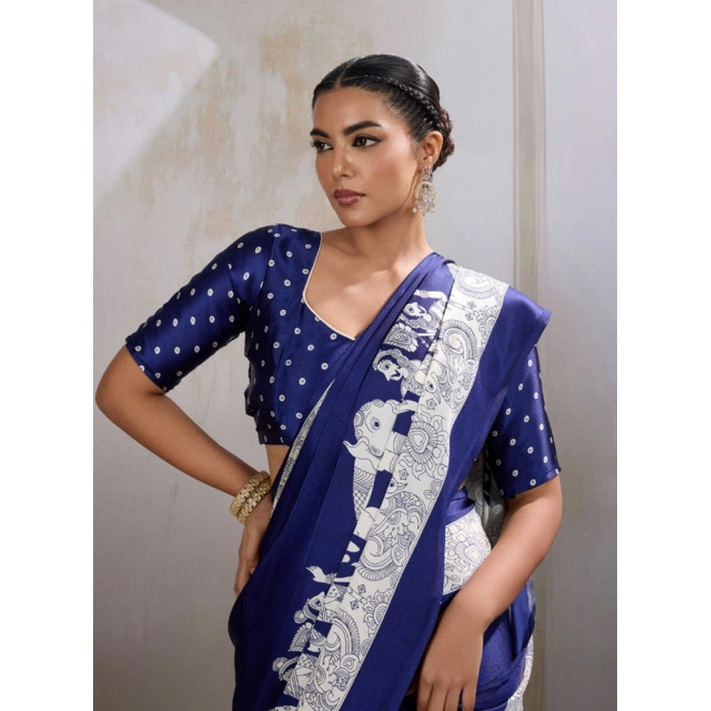 Amfyn Women's Satin Crepe Printed Saree With Unstitched Blouse 5.5Mtr (Blue)
