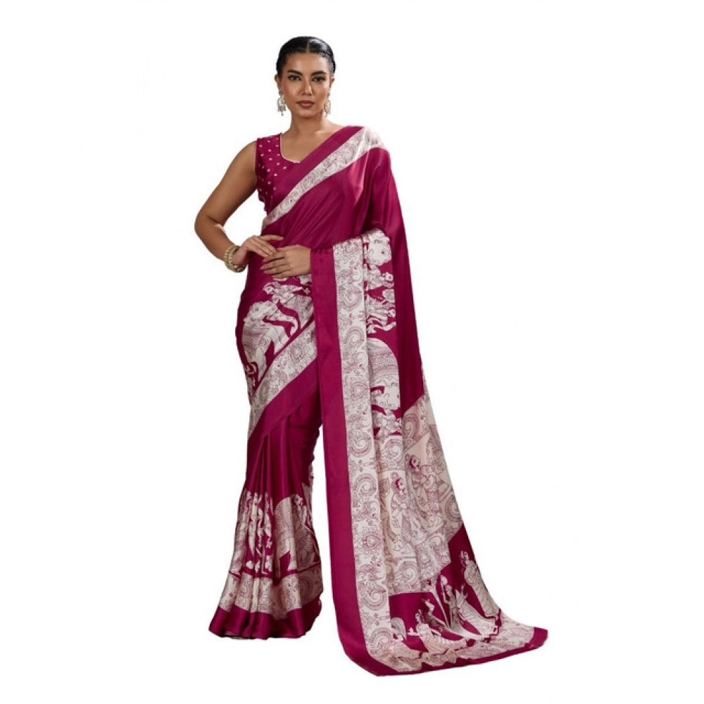Amfyn Women's Satin Crepe Printed Saree With Unstitched Blouse 5.5Mtr (Maroon)