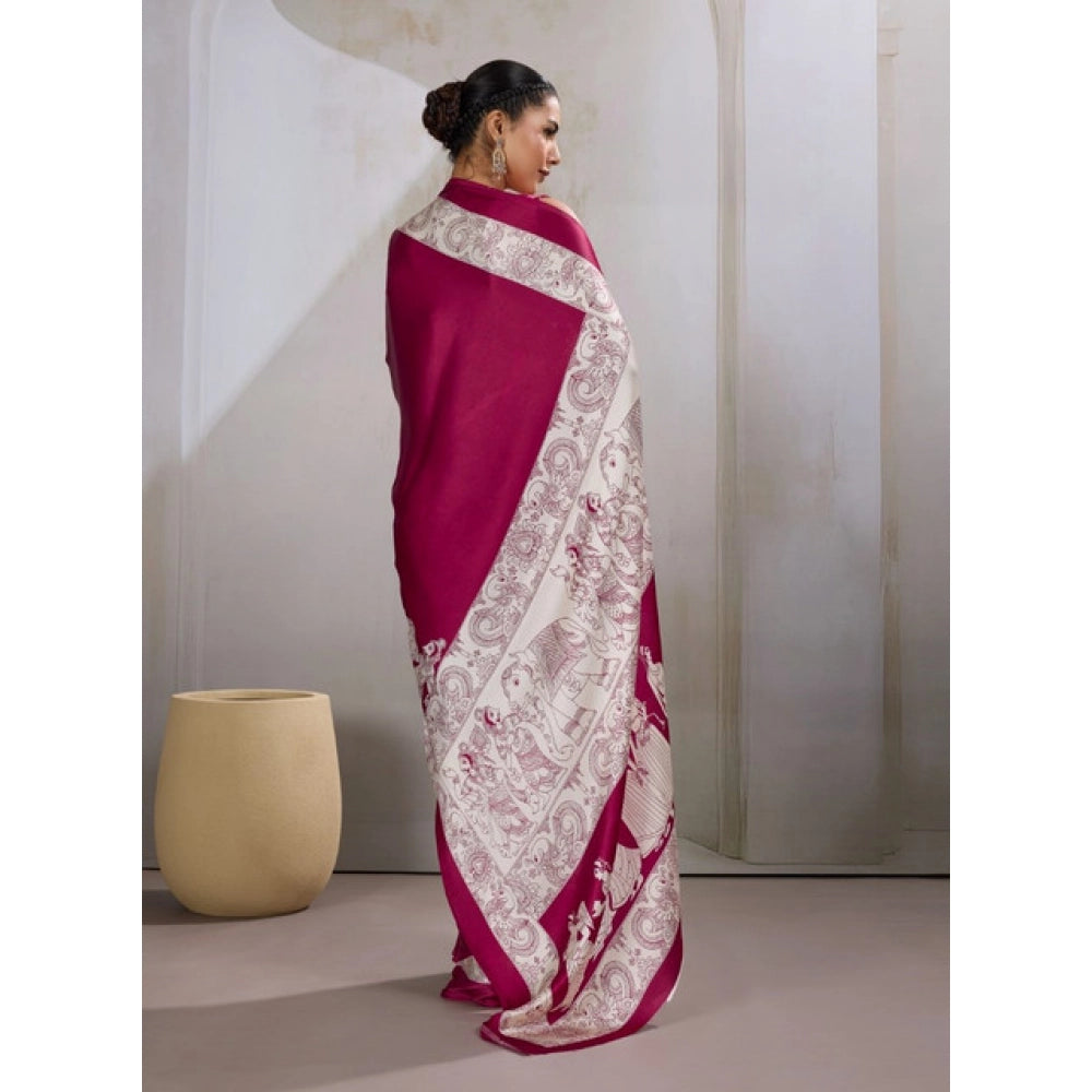 Amfyn Women's Satin Crepe Printed Saree With Unstitched Blouse 5.5Mtr (Maroon)
