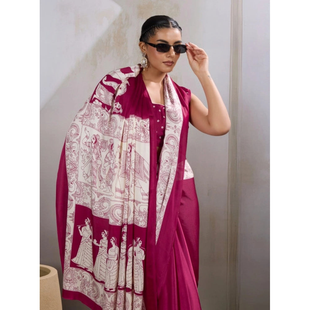 Amfyn Women's Satin Crepe Printed Saree With Unstitched Blouse 5.5Mtr (Maroon)