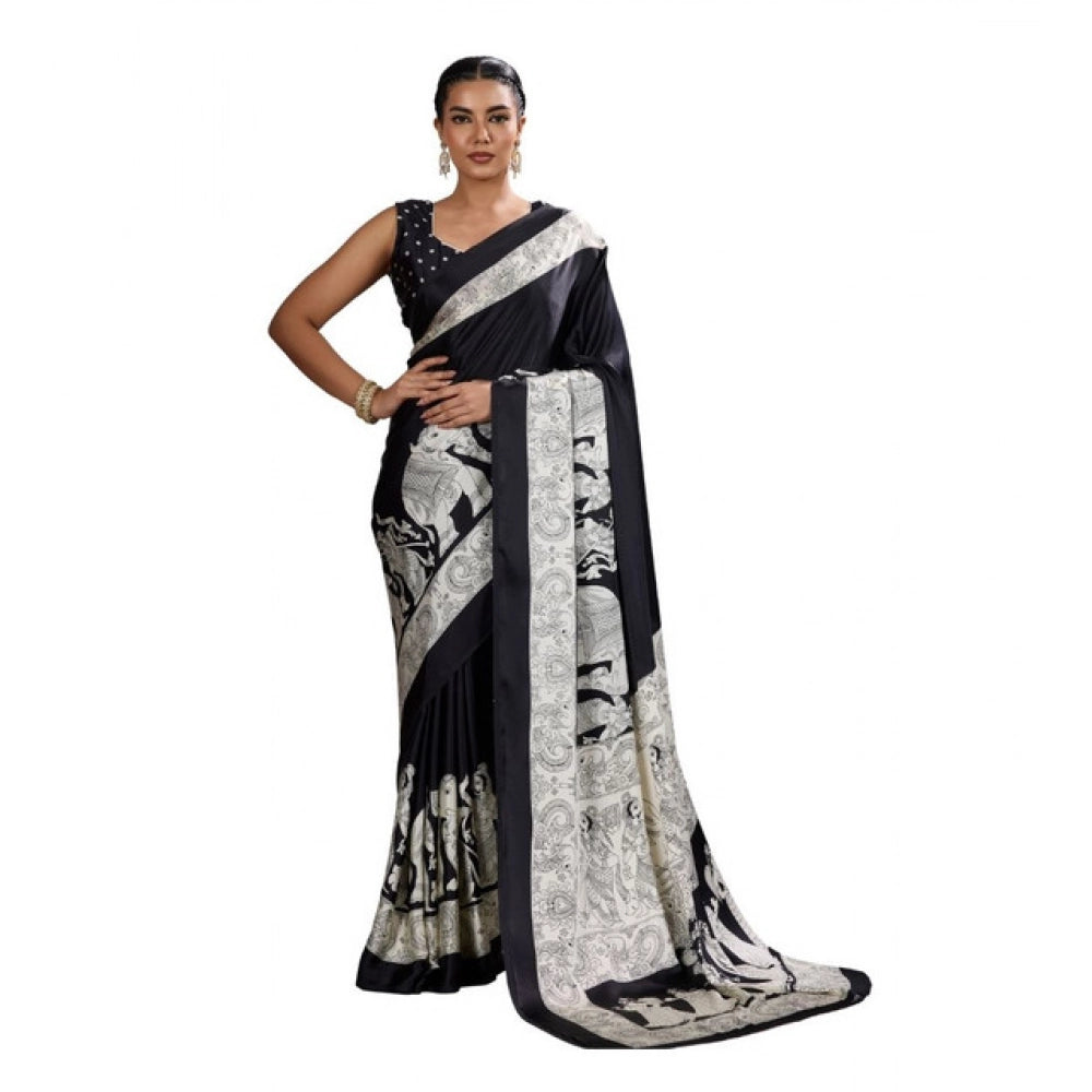 Amfyn Women's Satin Crepe Printed Saree With Unstitched Blouse 5.5Mtr (Black)