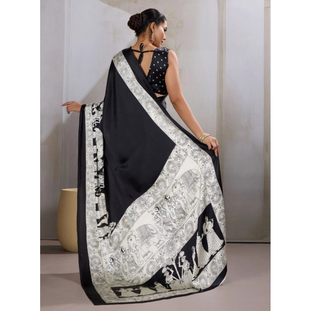 Amfyn Women's Satin Crepe Printed Saree With Unstitched Blouse 5.5Mtr (Black)
