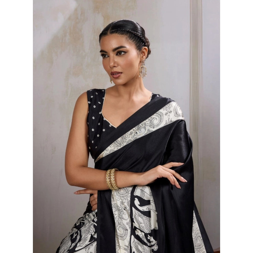 Amfyn Women's Satin Crepe Printed Saree With Unstitched Blouse 5.5Mtr (Black)