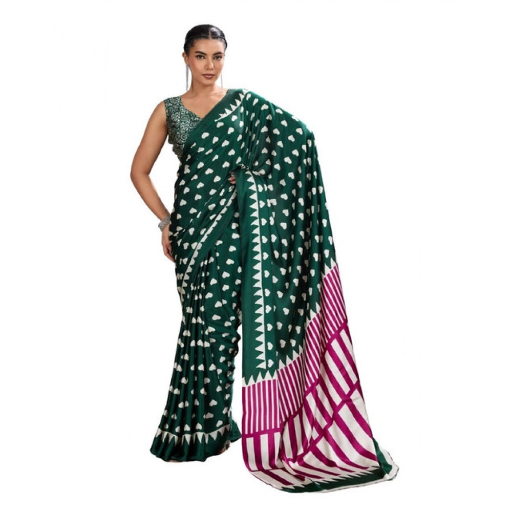 Amfyn Women's Satin Crepe Printed Saree With Unstitched Blouse 5.5Mtr (Bottle Green)