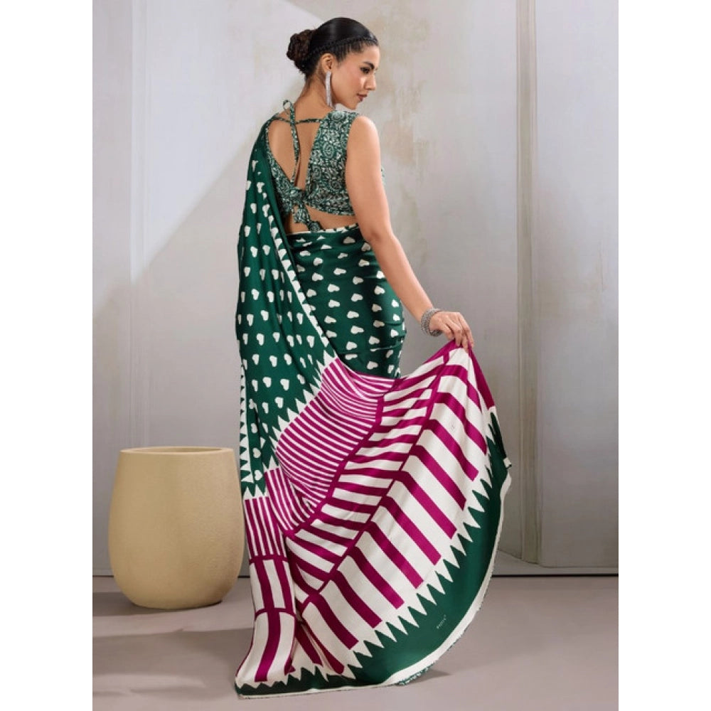 Amfyn Women's Satin Crepe Printed Saree With Unstitched Blouse 5.5Mtr (Bottle Green)