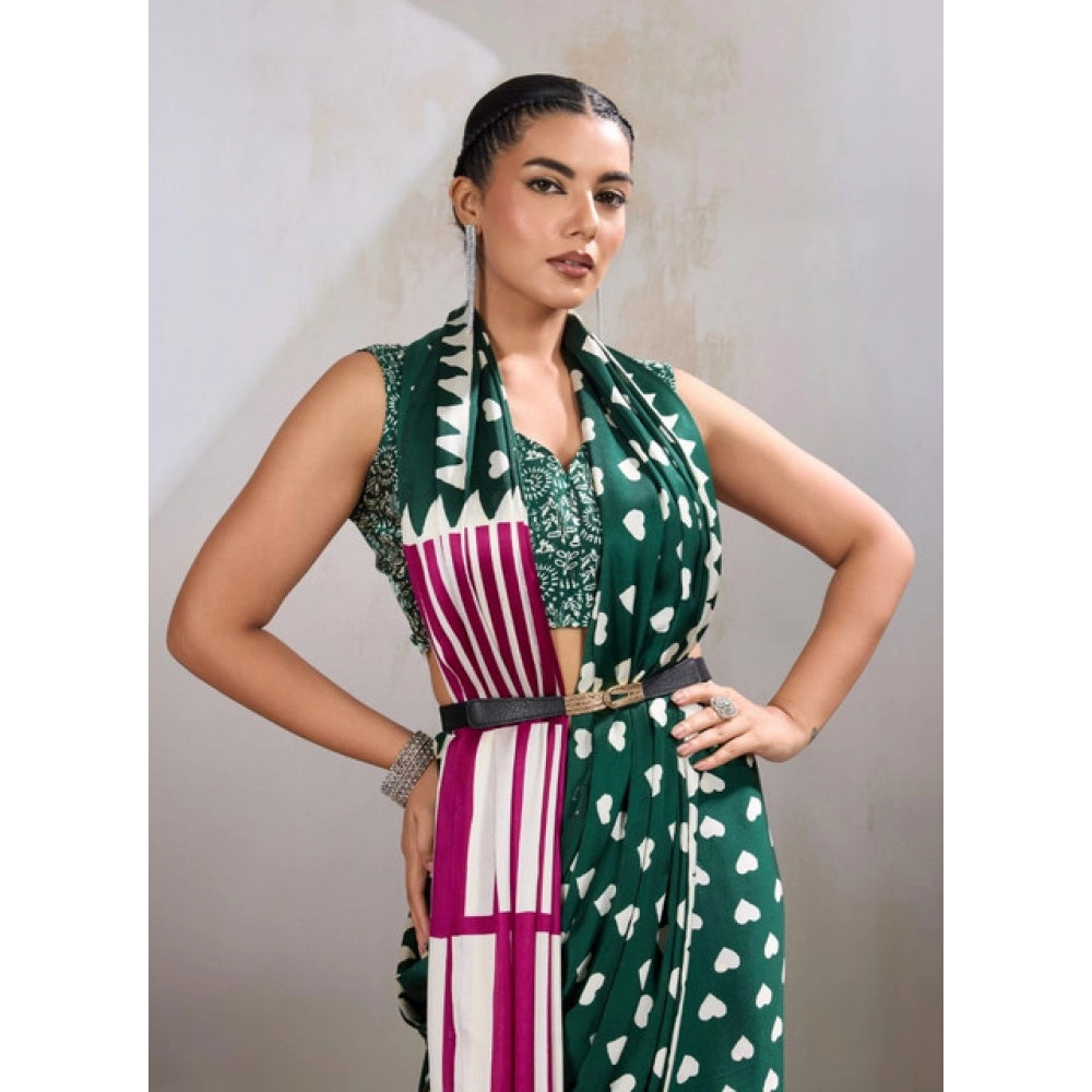 Amfyn Women's Satin Crepe Printed Saree With Unstitched Blouse 5.5Mtr (Bottle Green)
