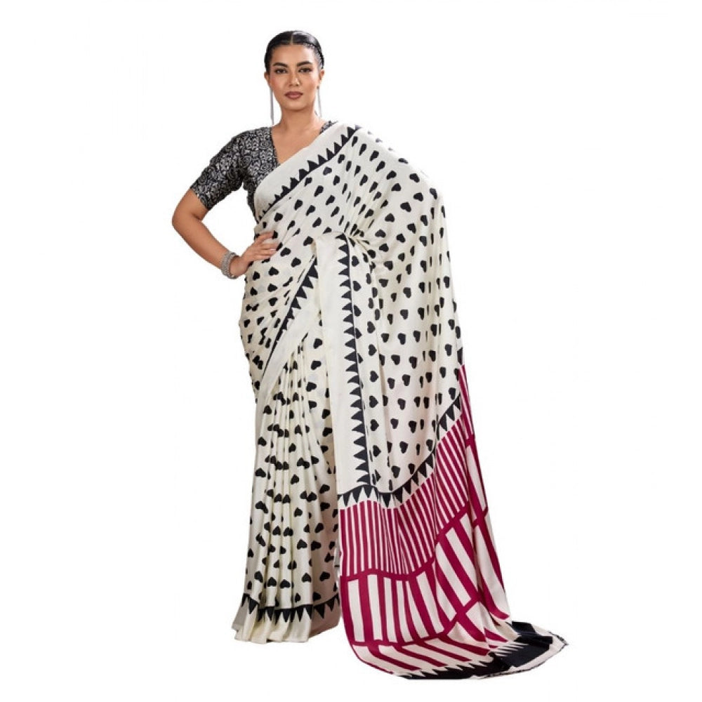 Amfyn Women's Satin Crepe Printed Saree With Unstitched Blouse 5.5Mtr (White)