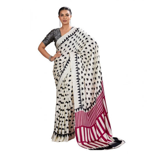 Amfyn Women's Satin Crepe Printed Saree With Unstitched Blouse 5.5Mtr (White)