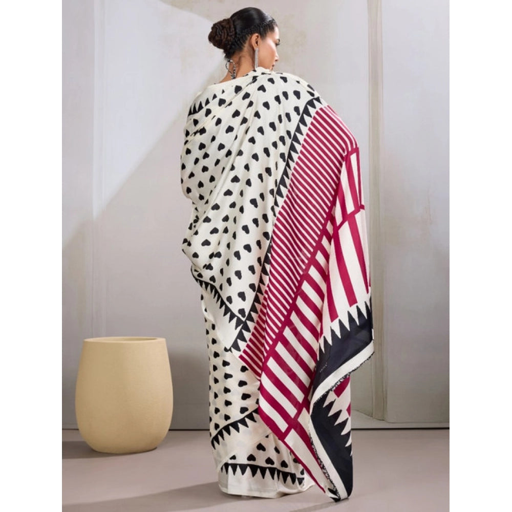 Amfyn Women's Satin Crepe Printed Saree With Unstitched Blouse 5.5Mtr (White)