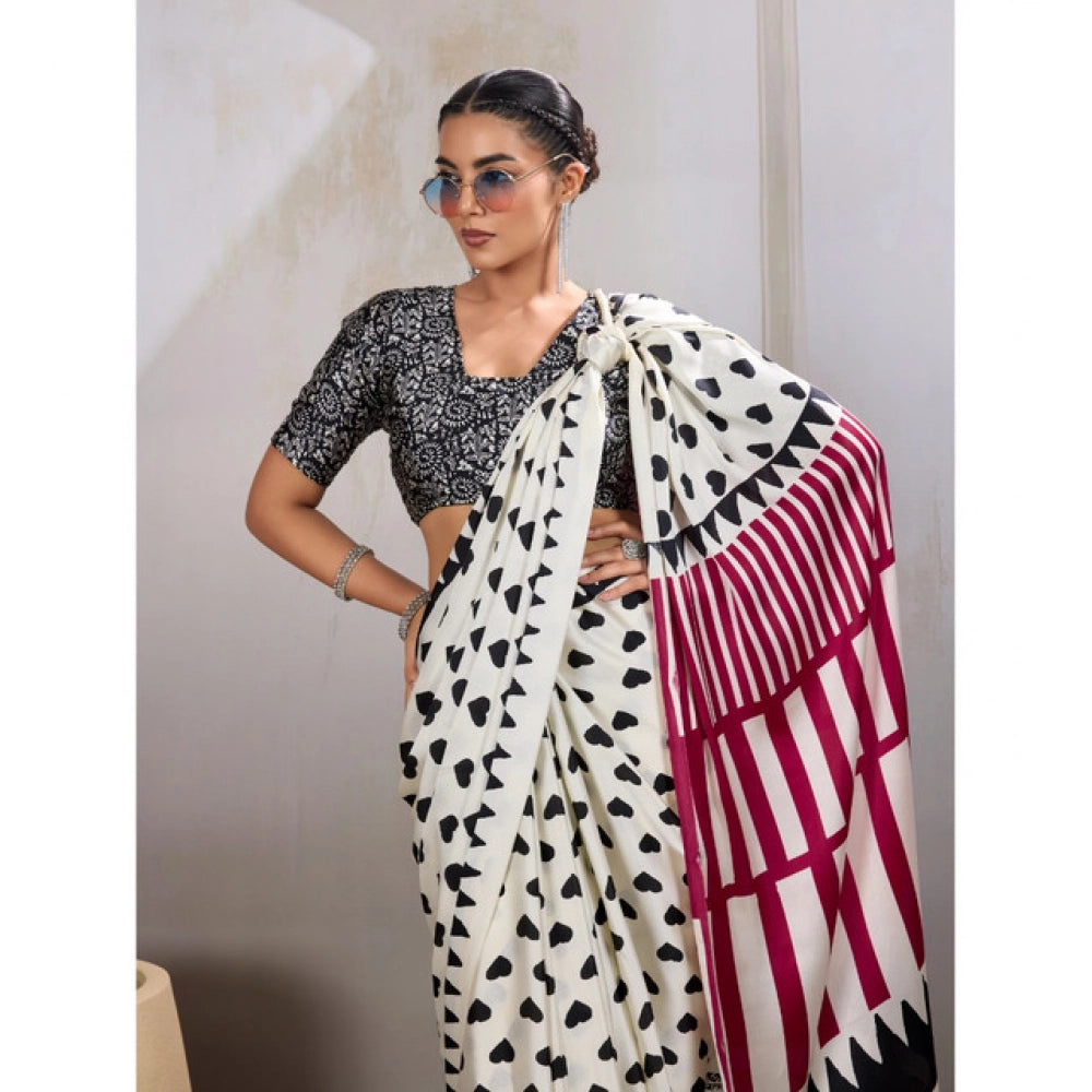 Amfyn Women's Satin Crepe Printed Saree With Unstitched Blouse 5.5Mtr (White)