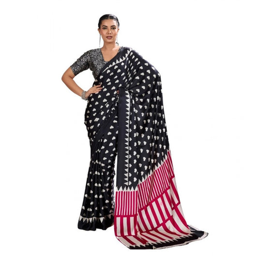 Amfyn Women's Satin Crepe Printed Saree With Unstitched Blouse 5.5Mtr (Black)