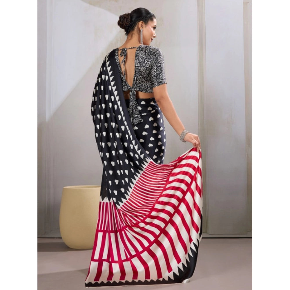 Amfyn Women's Satin Crepe Printed Saree With Unstitched Blouse 5.5Mtr (Black)