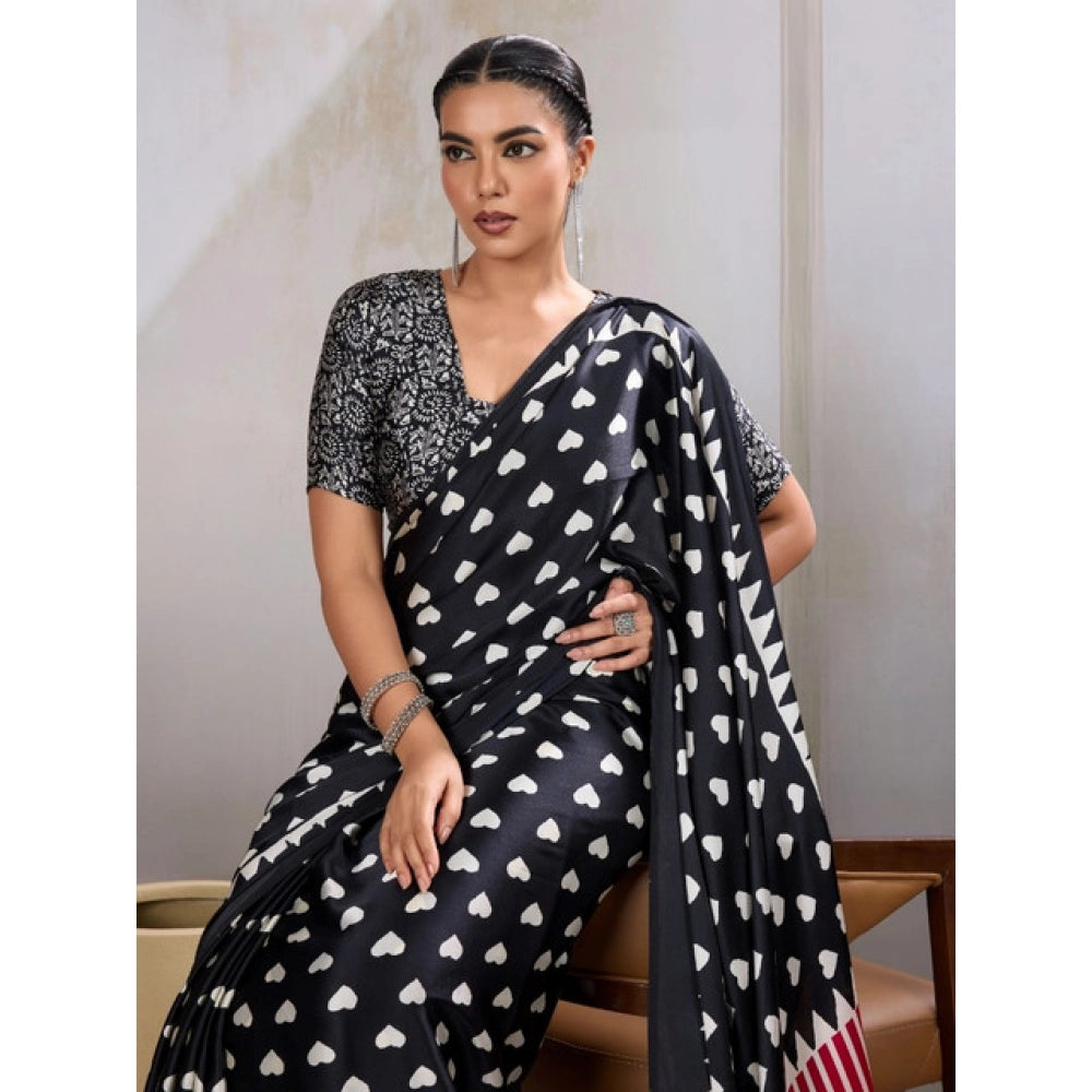Amfyn Women's Satin Crepe Printed Saree With Unstitched Blouse 5.5Mtr (Black)