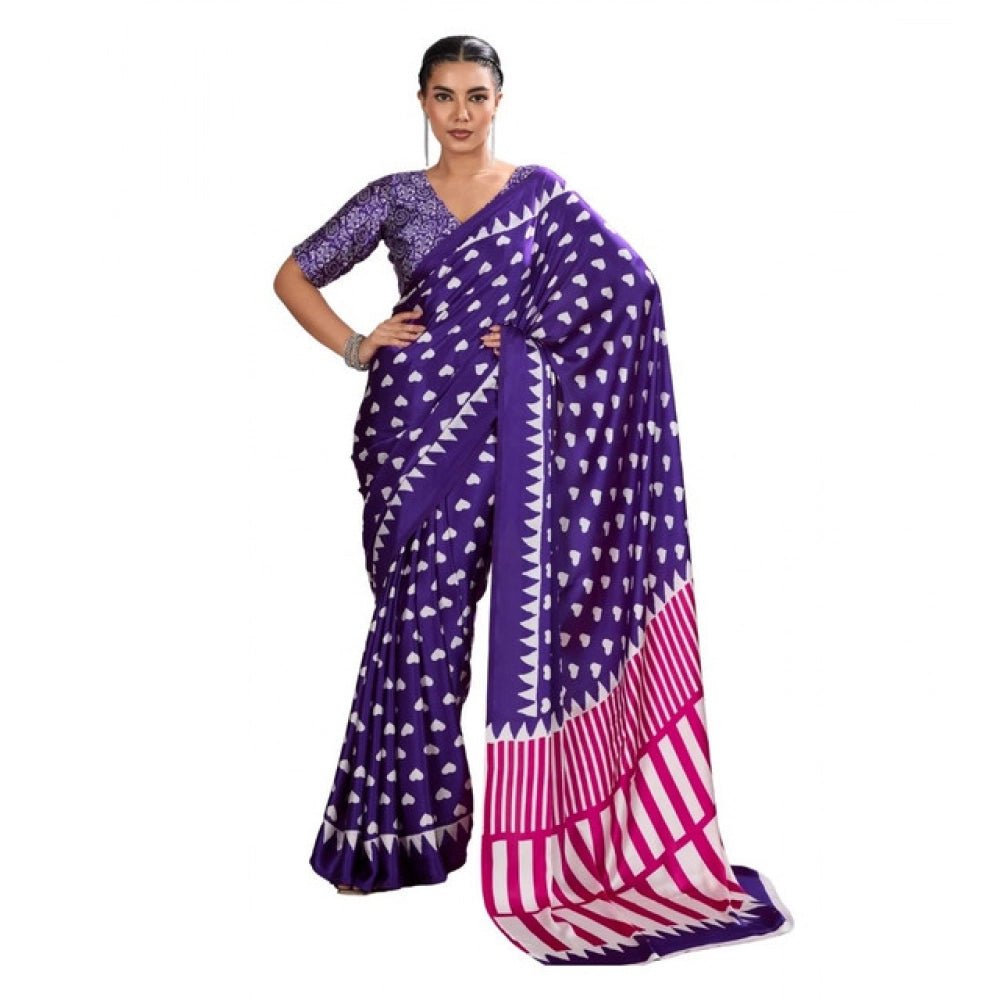 Amfyn Women's Satin Crepe Printed Saree With Unstitched Blouse 5.5Mtr (Navy Blue)