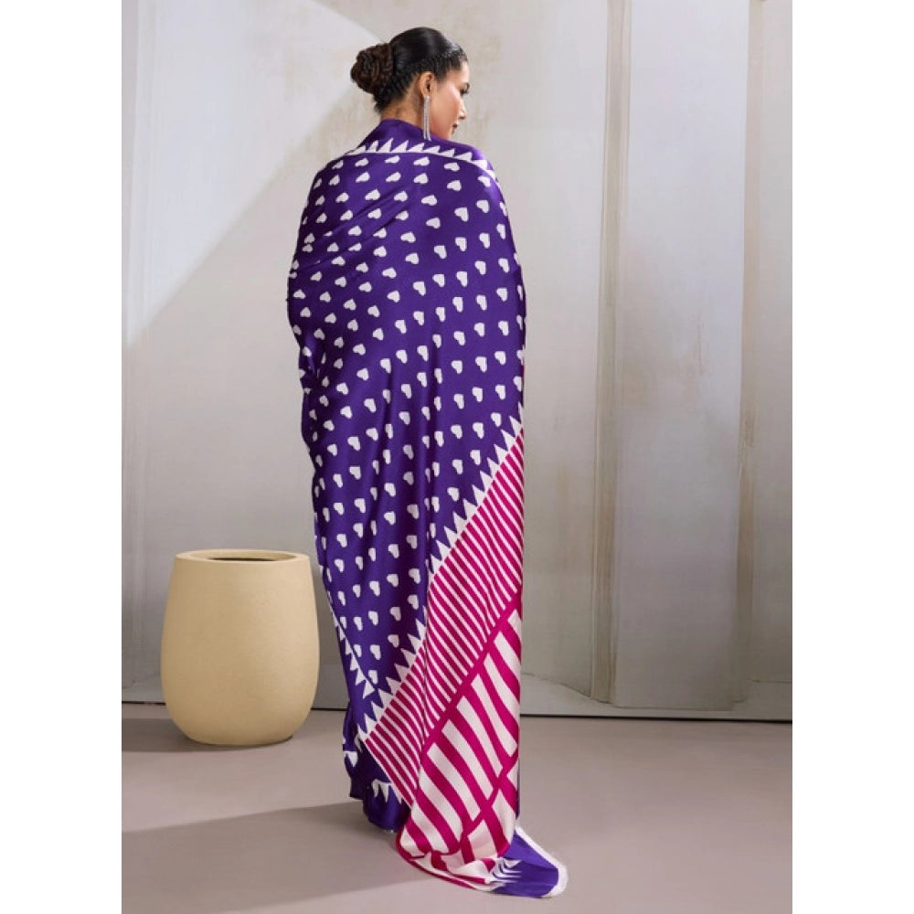 Amfyn Women's Satin Crepe Printed Saree With Unstitched Blouse 5.5Mtr (Navy Blue)