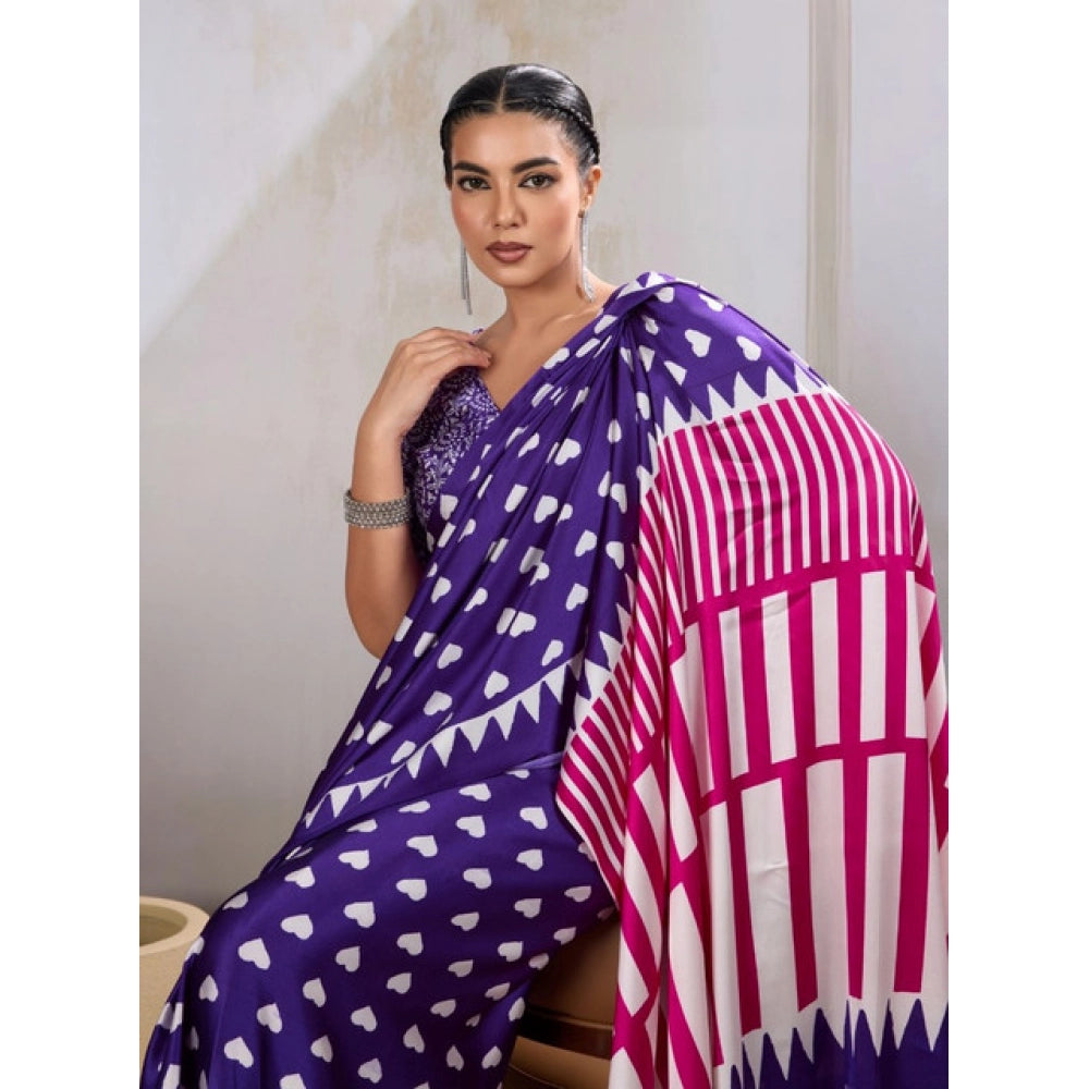 Amfyn Women's Satin Crepe Printed Saree With Unstitched Blouse 5.5Mtr (Navy Blue)