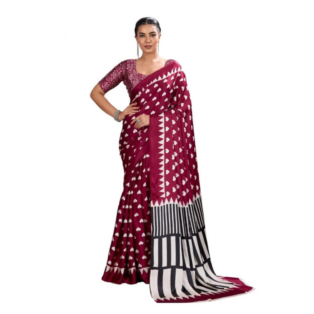 Amfyn Women's Satin Crepe Printed Saree With Unstitched Blouse 5.5Mtr (Maroon)