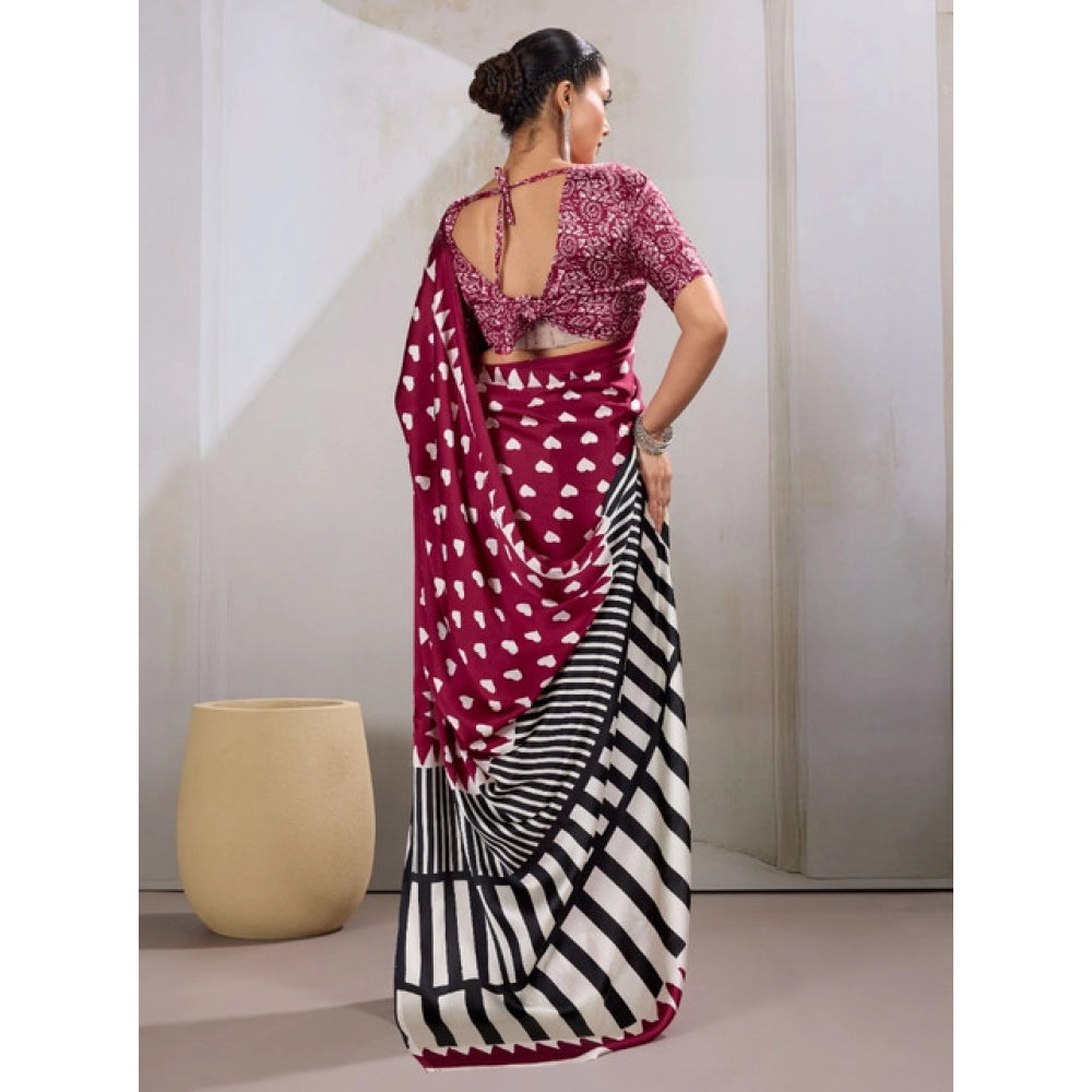 Amfyn Women's Satin Crepe Printed Saree With Unstitched Blouse 5.5Mtr (Maroon)