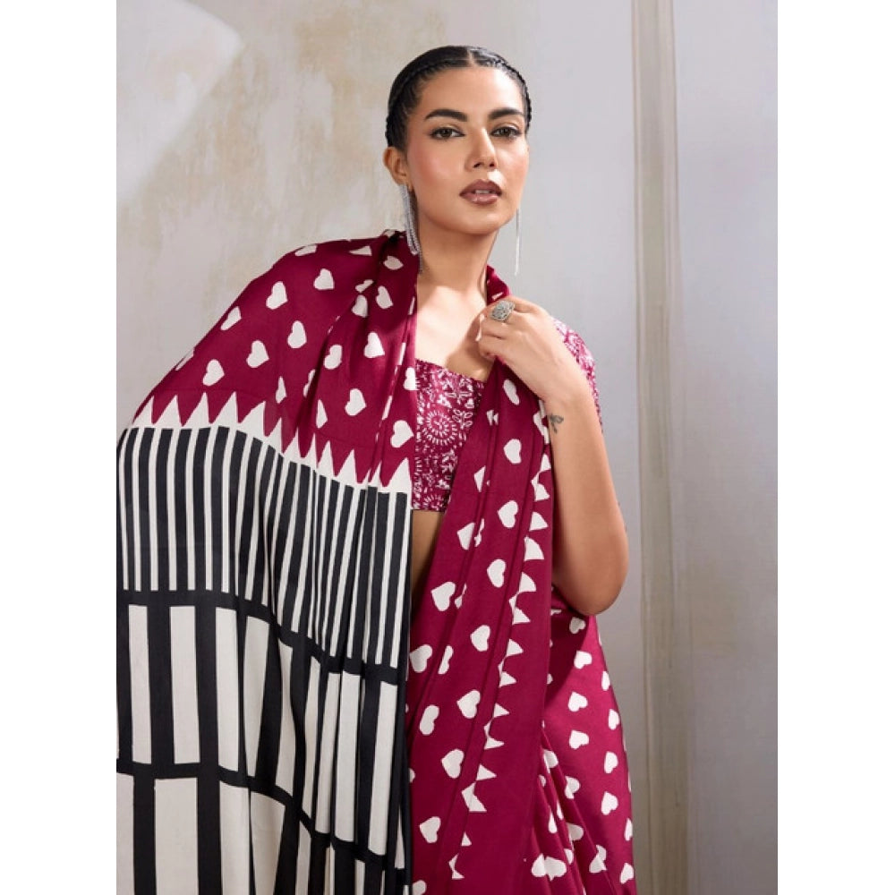 Amfyn Women's Satin Crepe Printed Saree With Unstitched Blouse 5.5Mtr (Maroon)