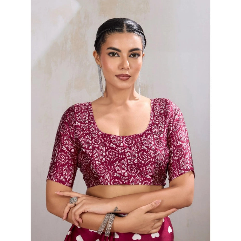 Amfyn Women's Satin Crepe Printed Saree With Unstitched Blouse 5.5Mtr (Maroon)