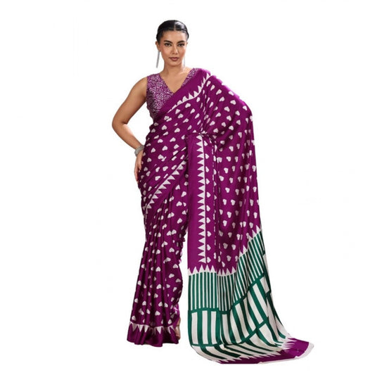 Amfyn Women's Satin Crepe Printed Saree With Unstitched Blouse 5.5Mtr (Purple)