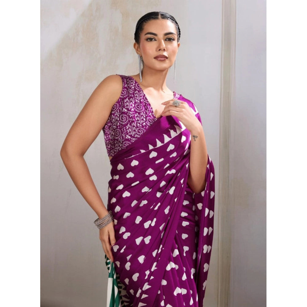 Amfyn Women's Satin Crepe Printed Saree With Unstitched Blouse 5.5Mtr (Purple)