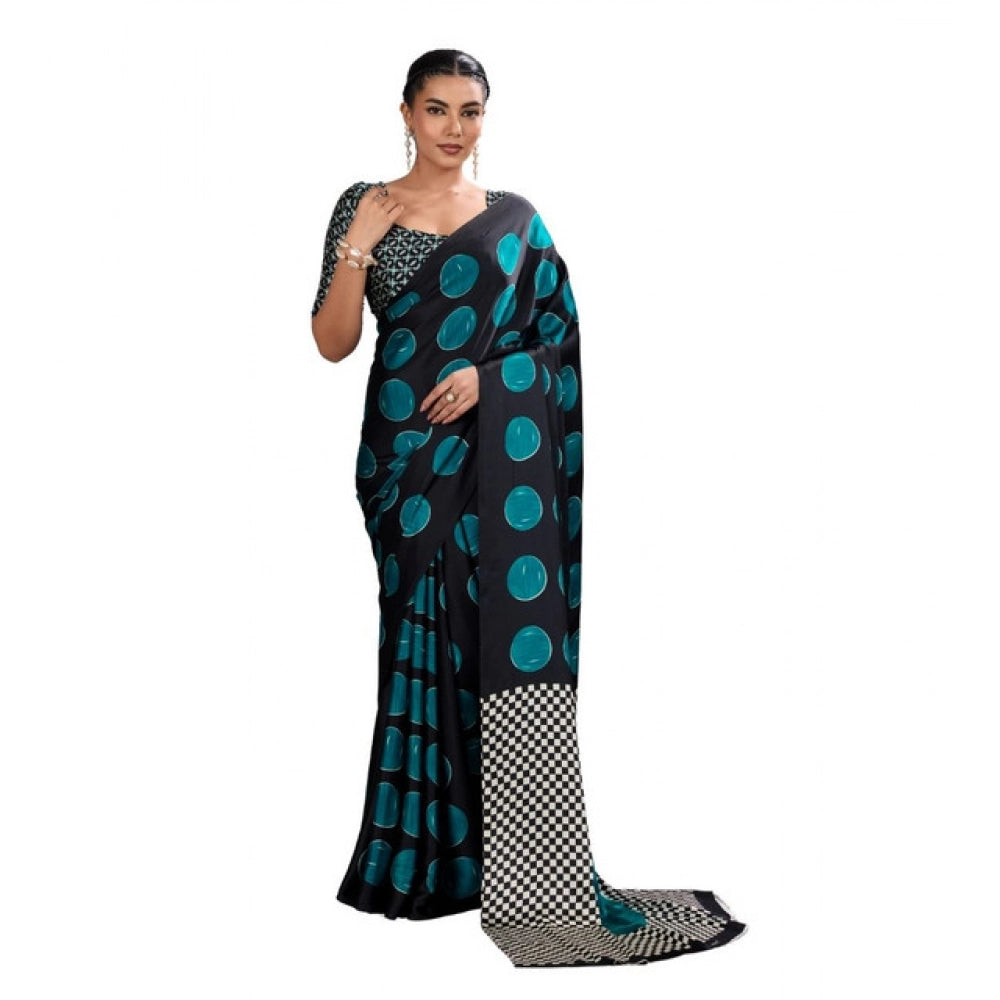 Amfyn Women's Satin Crepe Printed Saree With Unstitched Blouse 5.5Mtr (Black)