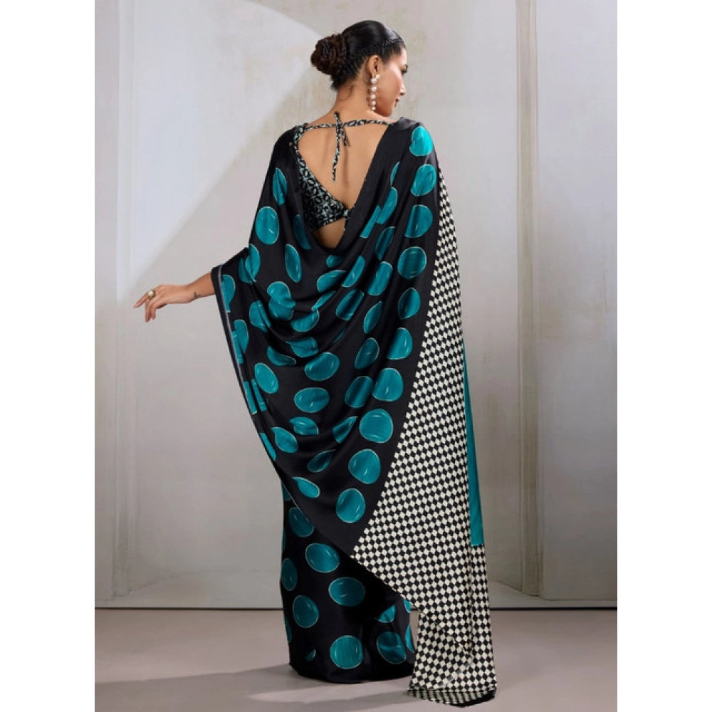 Amfyn Women's Satin Crepe Printed Saree With Unstitched Blouse 5.5Mtr (Black)