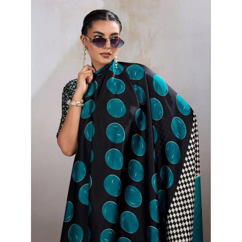 Amfyn Women's Satin Crepe Printed Saree With Unstitched Blouse 5.5Mtr (Black)