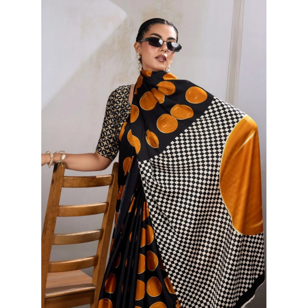 Amfyn Women's Satin Crepe Printed Saree With Unstitched Blouse 5.5Mtr (Mustard)