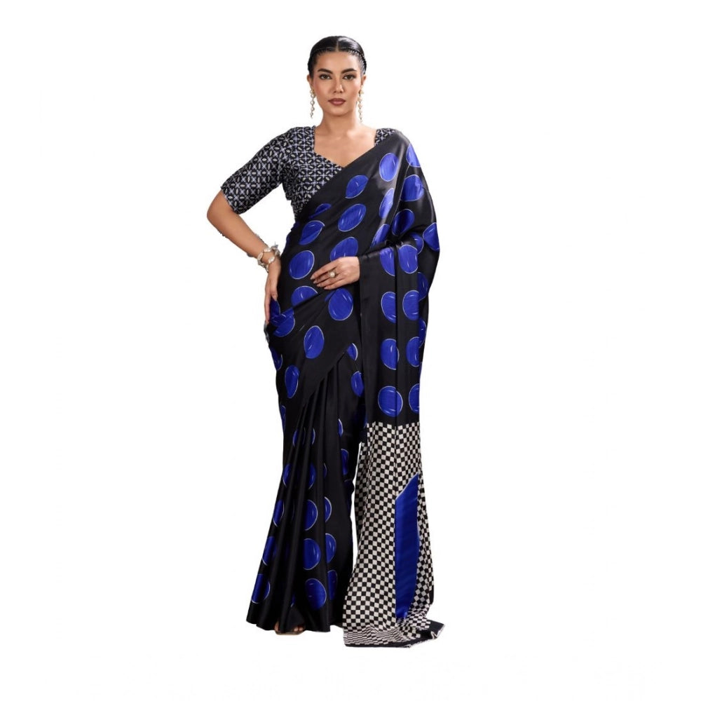 Amfyn Women's Satin Crepe Printed Saree With Unstitched Blouse 5.5Mtr (Blue)