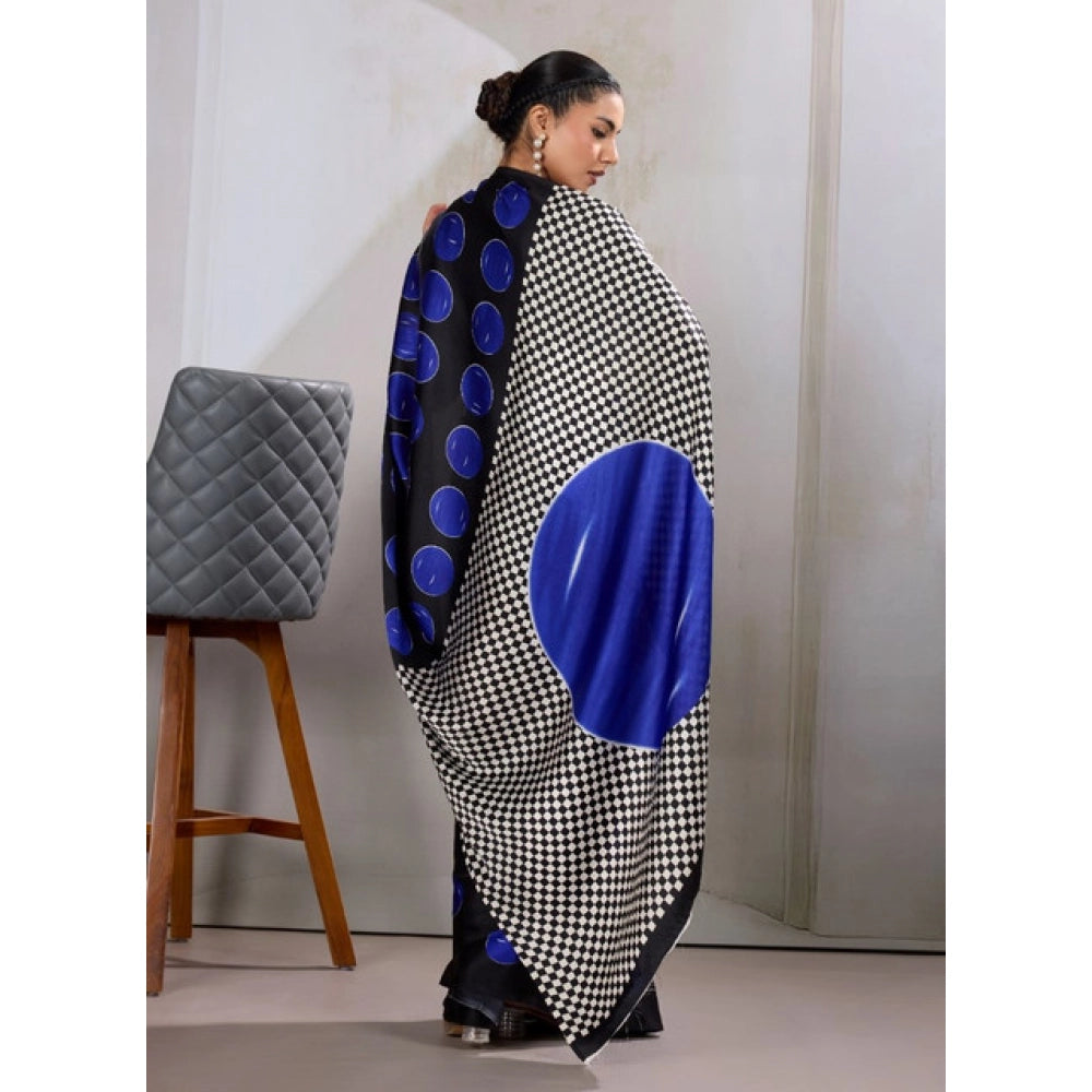 Amfyn Women's Satin Crepe Printed Saree With Unstitched Blouse 5.5Mtr (Blue)