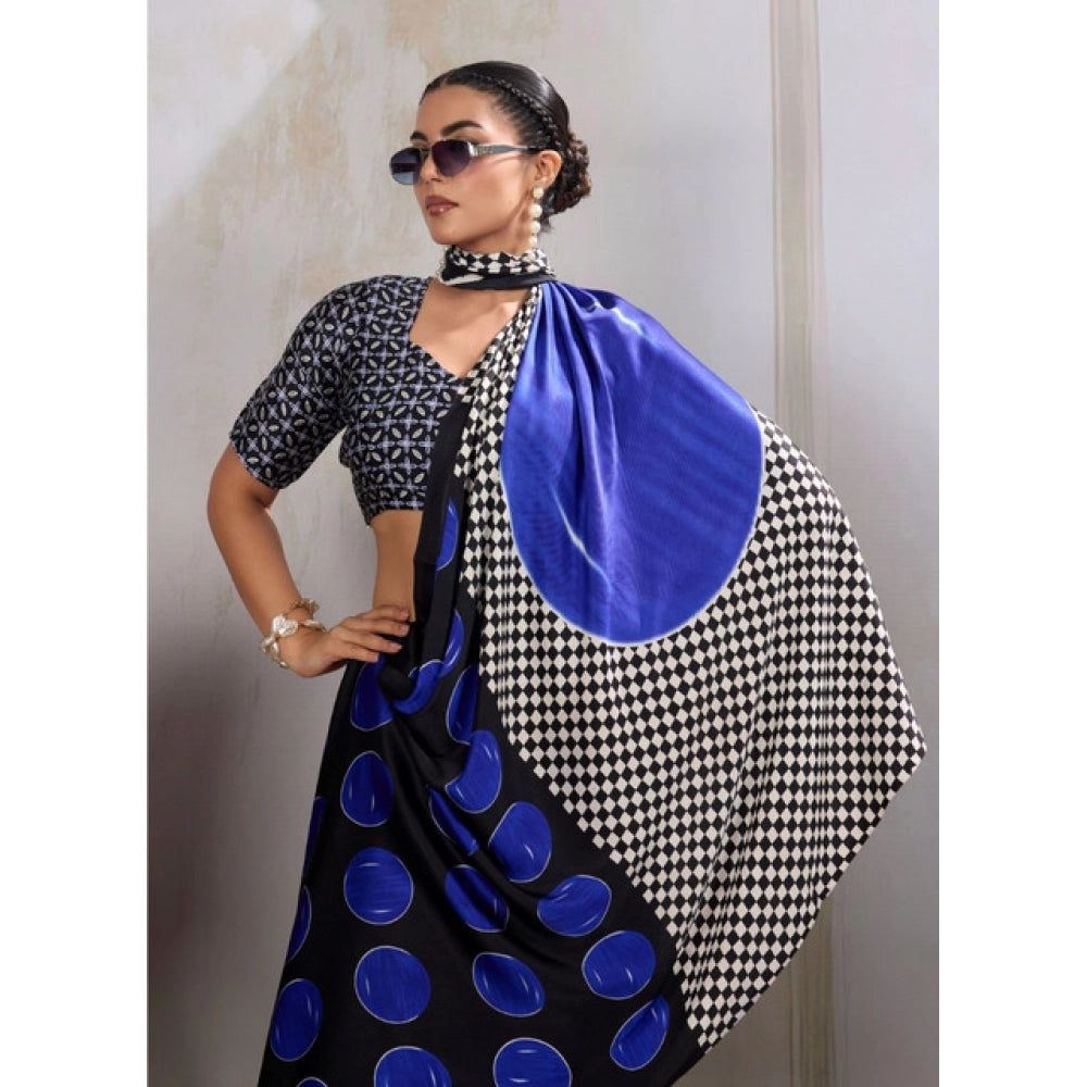 Amfyn Women's Satin Crepe Printed Saree With Unstitched Blouse 5.5Mtr (Blue)