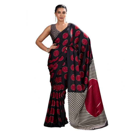 Amfyn Women's Satin Crepe Printed Saree With Unstitched Blouse 5.5Mtr (Maroon)