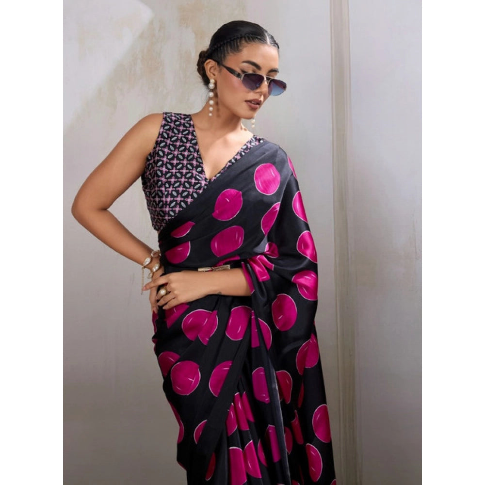 Amfyn Women's Satin Crepe Printed Saree With Unstitched Blouse 5.5Mtr (Pink)