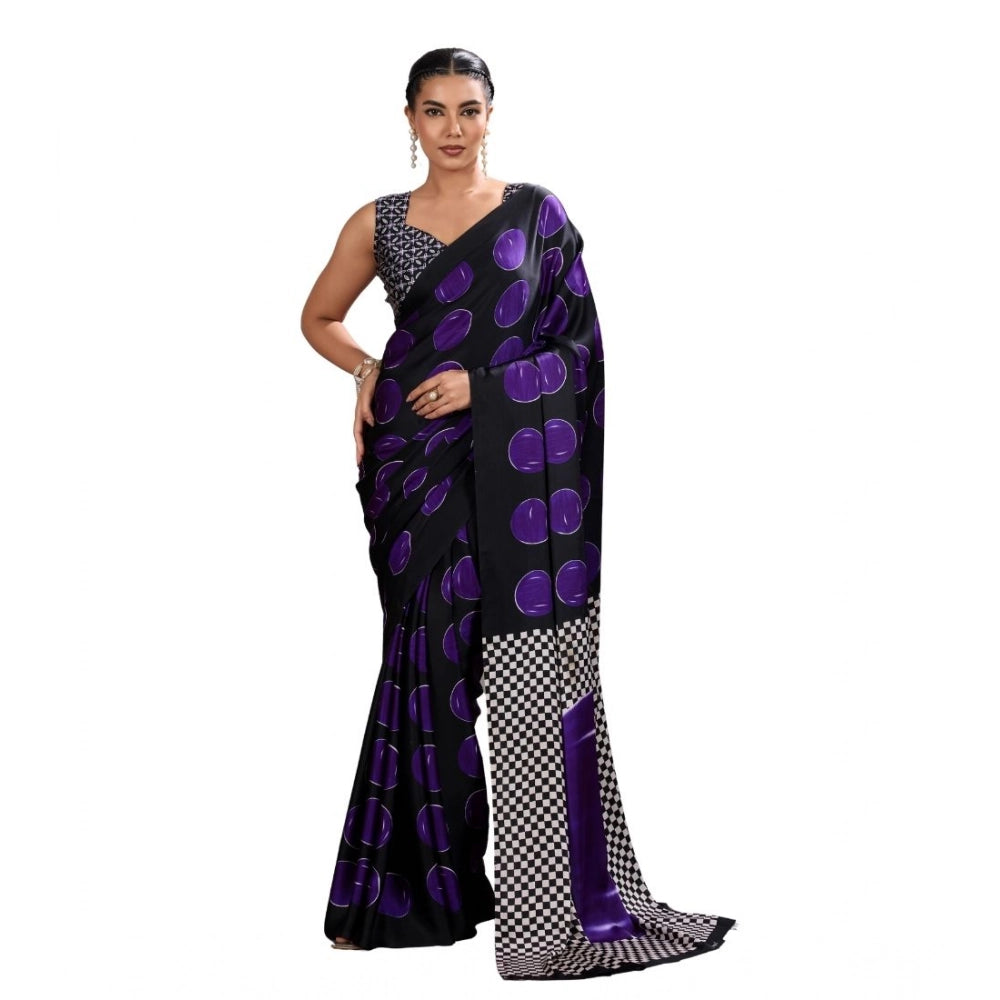 Amfyn Women's Satin Crepe Printed Saree With Unstitched Blouse 5.5Mtr (Purple)